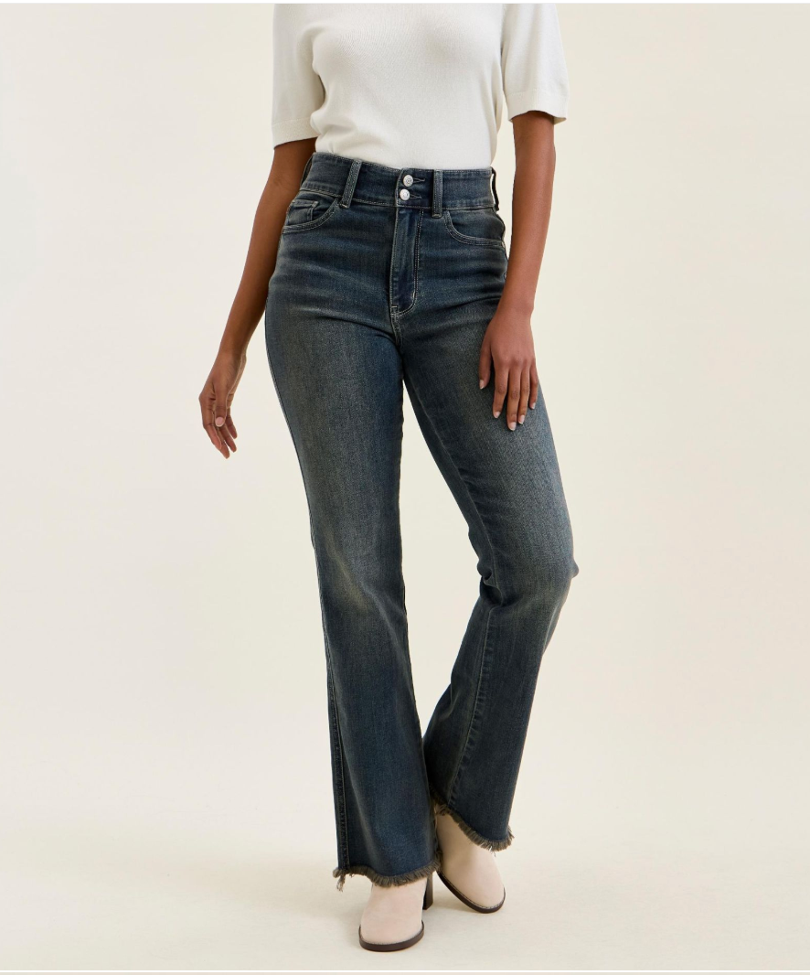 Judy Blue Daisy High Rise Bootcut Jeans – Vintage Grey Wash Double Button Denim with Frayed Hem