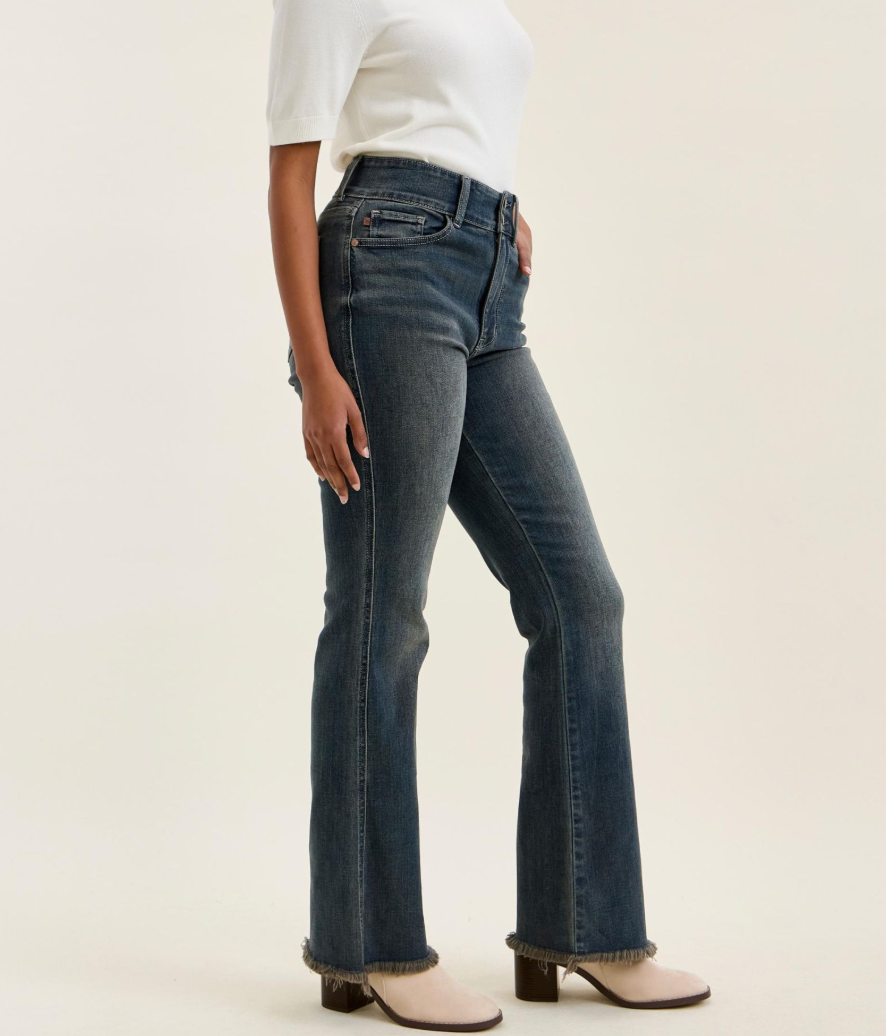 Judy Blue Daisy High Rise Bootcut Jeans – Vintage Grey Wash Double Button Denim with Frayed Hem