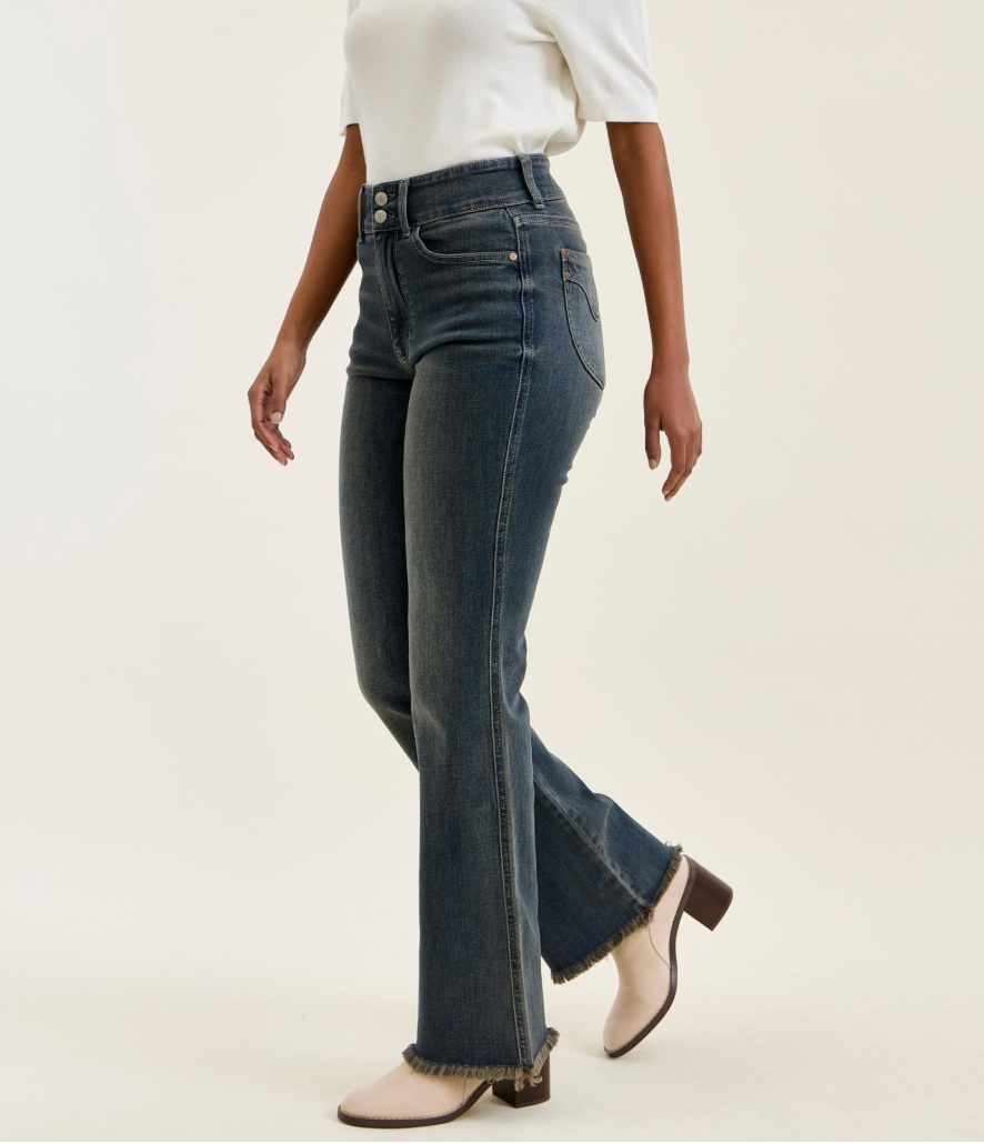 Judy Blue Daisy High Rise Bootcut Jeans – Vintage Grey Wash Double Button Denim with Frayed Hem