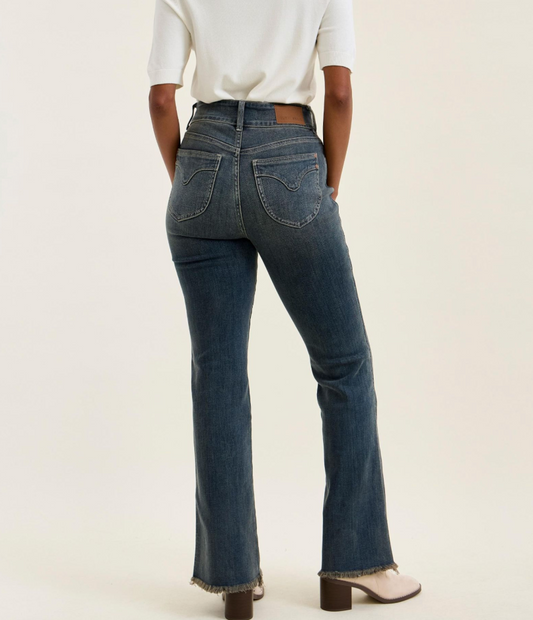 Judy Blue Daisy High Rise Bootcut Jeans – Vintage Grey Wash Double Button Denim with Frayed Hem