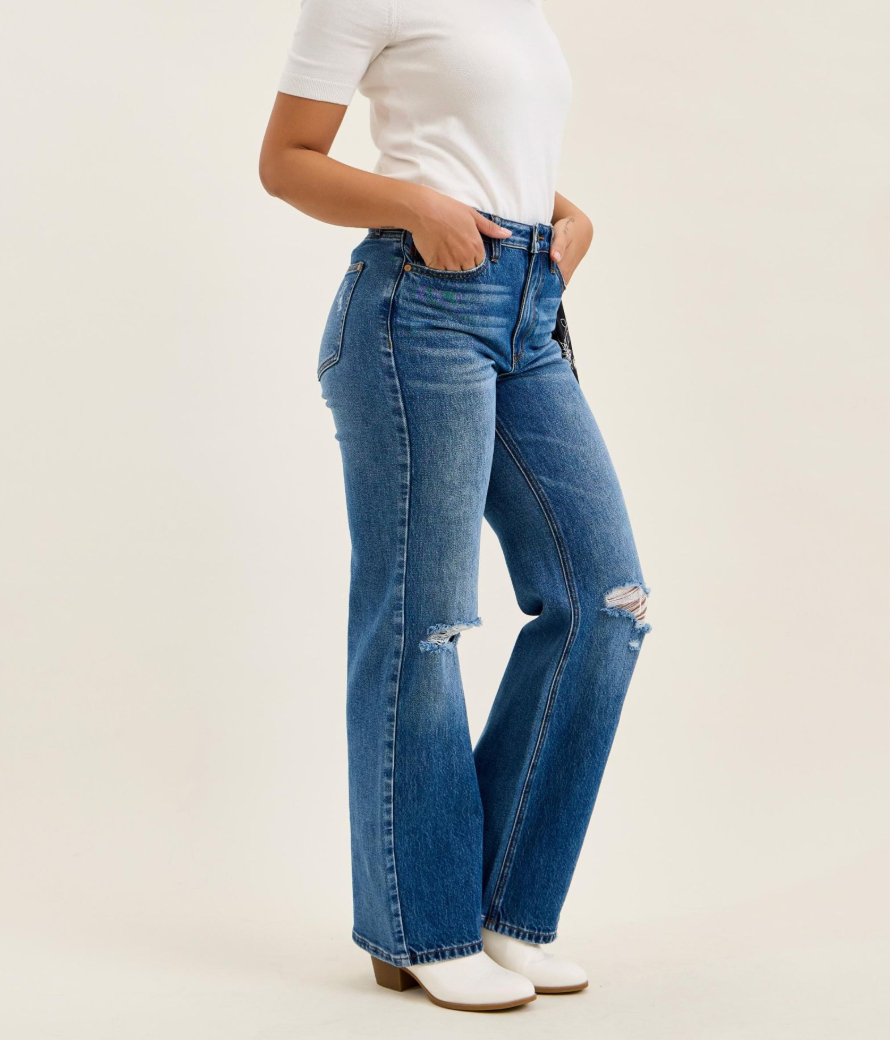 Judy Blue Brenda 90s Straight Leg Jeans – High Rise Rigid Magic Denim in Classic Stone Blue with Bandana