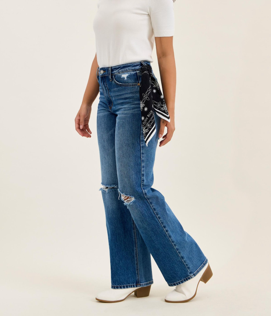 Judy Blue Brenda 90s Straight Leg Jeans – High Rise Rigid Magic Denim in Classic Stone Blue with Bandana