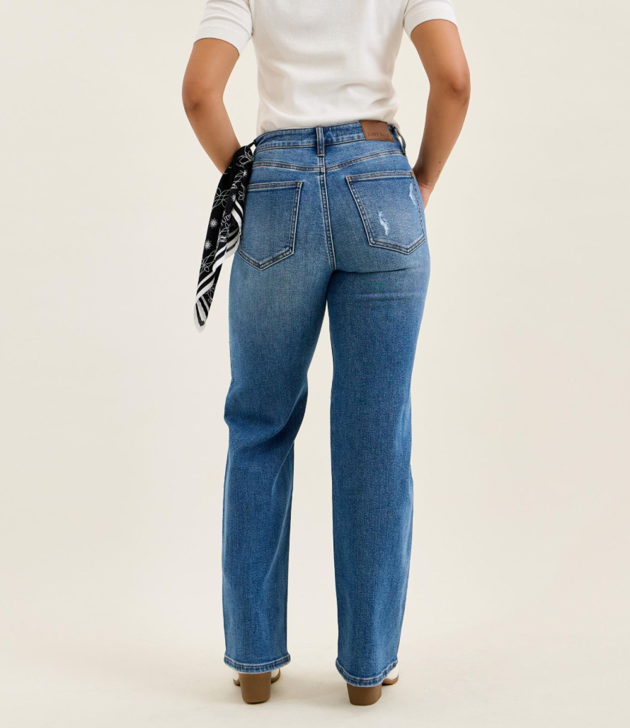 Judy Blue Brenda 90s Straight Leg Jeans – High Rise Rigid Magic Denim in Classic Stone Blue with Bandana