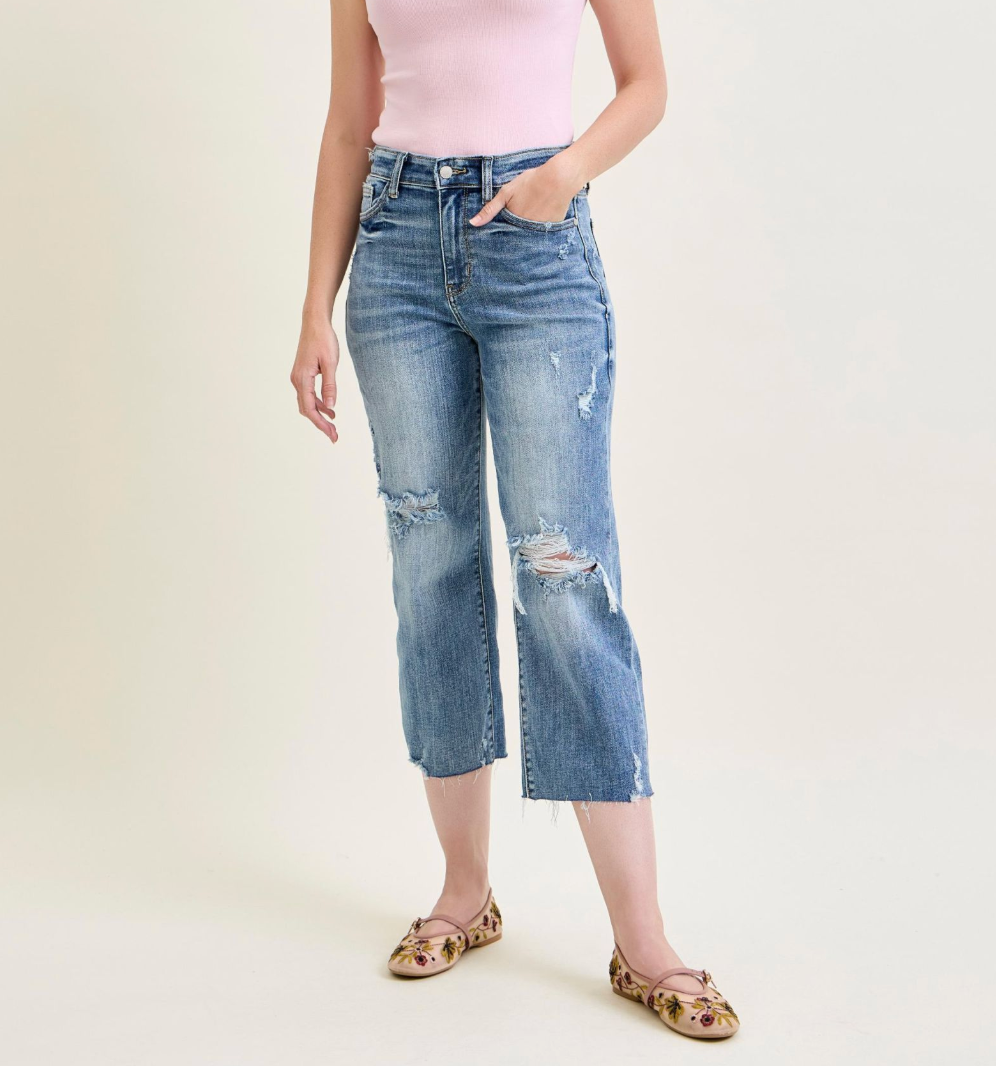 The Cool Girl Crop High Waist Destroyed Wide Leg Jeans