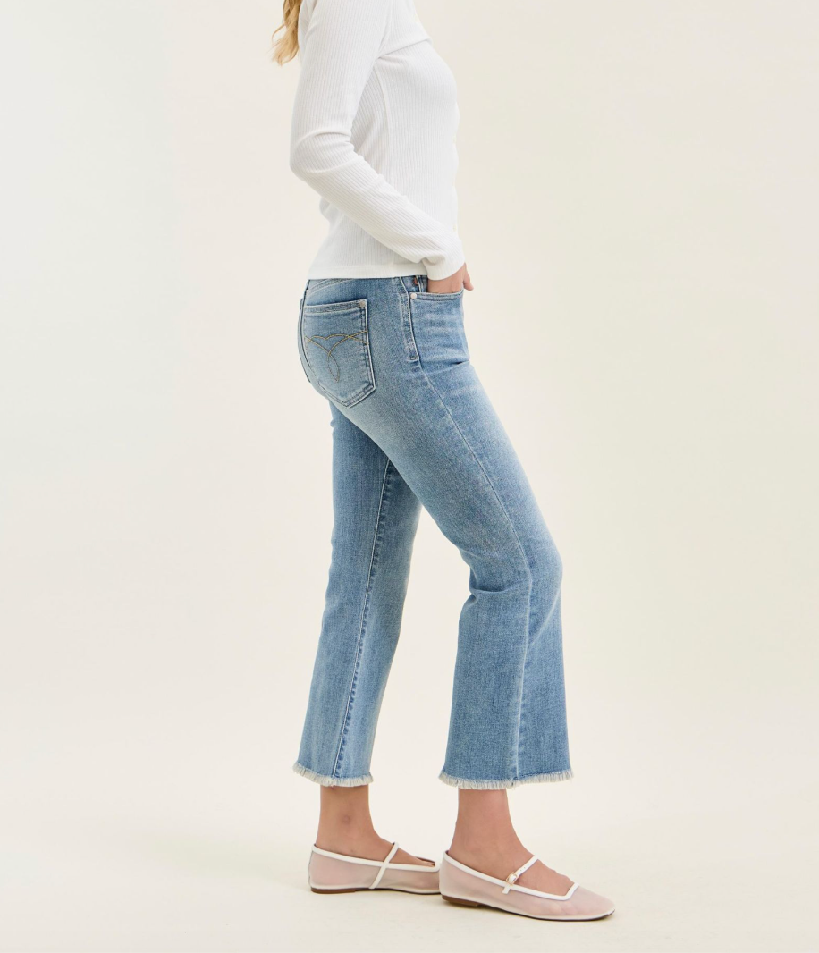 Judy Blue Mid Rise Light Wash Cropped Kick Flare Jeans with Frayed Hem