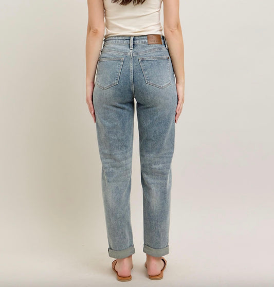 Judy Blue High Waist Vintage Wash Double Roll Cuff Boyfriend Jeans