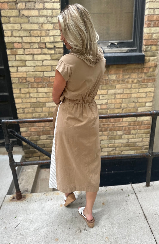 Mixed Media Button Down Tie Waist Dress