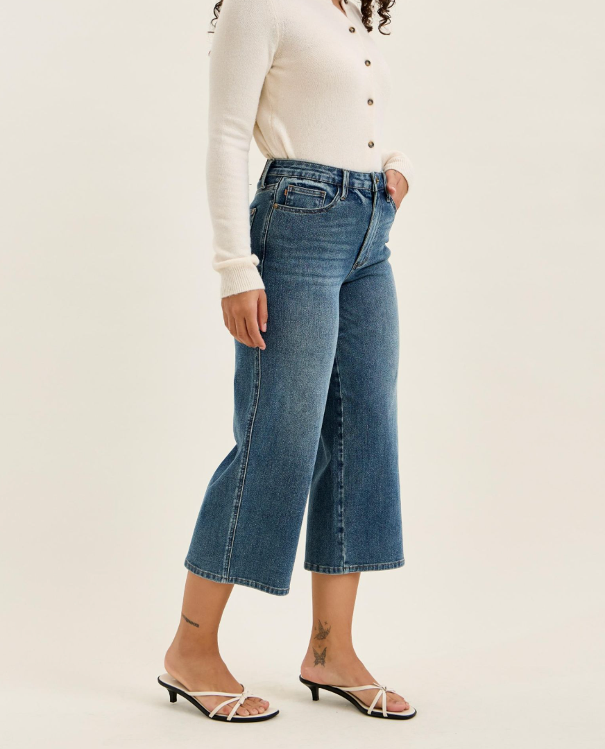 Judy Blue Dottie High Waist Wide Crop Jeans in MD Quarry Fade | Stretch Wide Leg Cropped Denim