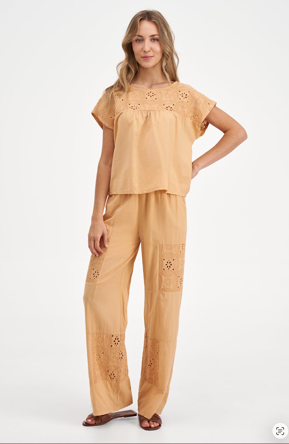 Boho Eyelet Embroidered Yoke Blouse | Relaxed Fit Short Sleeve Top