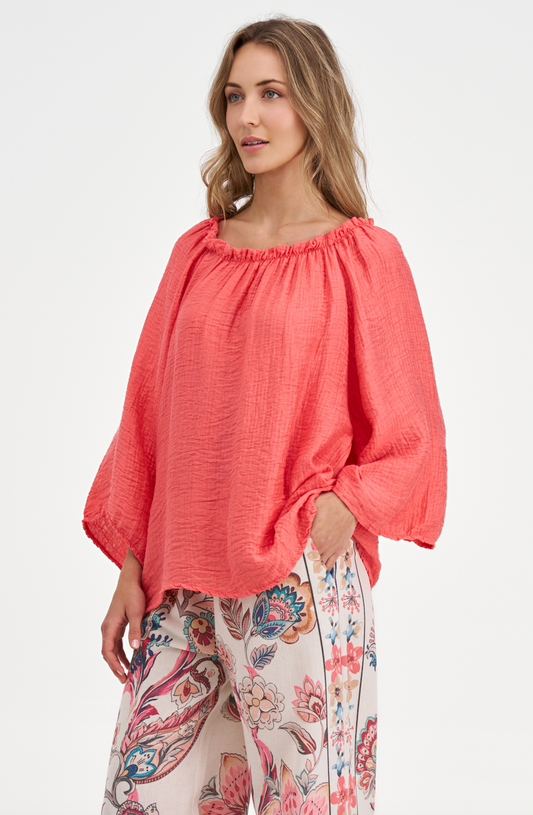 Coral Off-the-Shoulder Flowy Blouse with 3/4 Bubble Sleeves