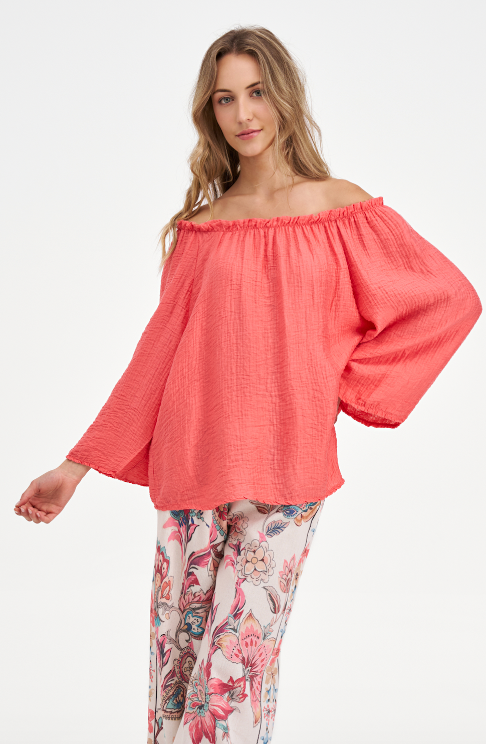 Coral Off-the-Shoulder Flowy Blouse with 3/4 Bubble Sleeves