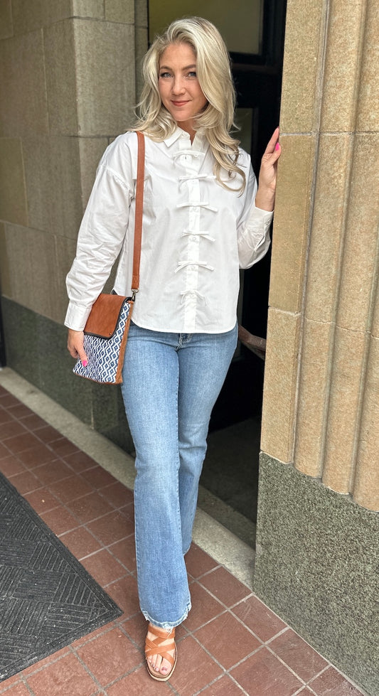 Ribbon Detail Poplin Long Sleeve Top