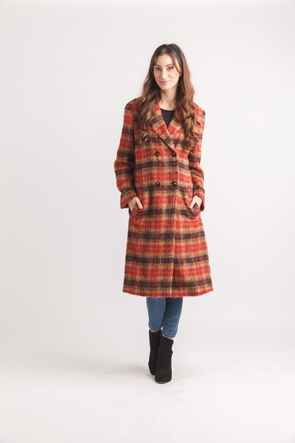 Rust Plaid Double-Breasted Coat with Pockets