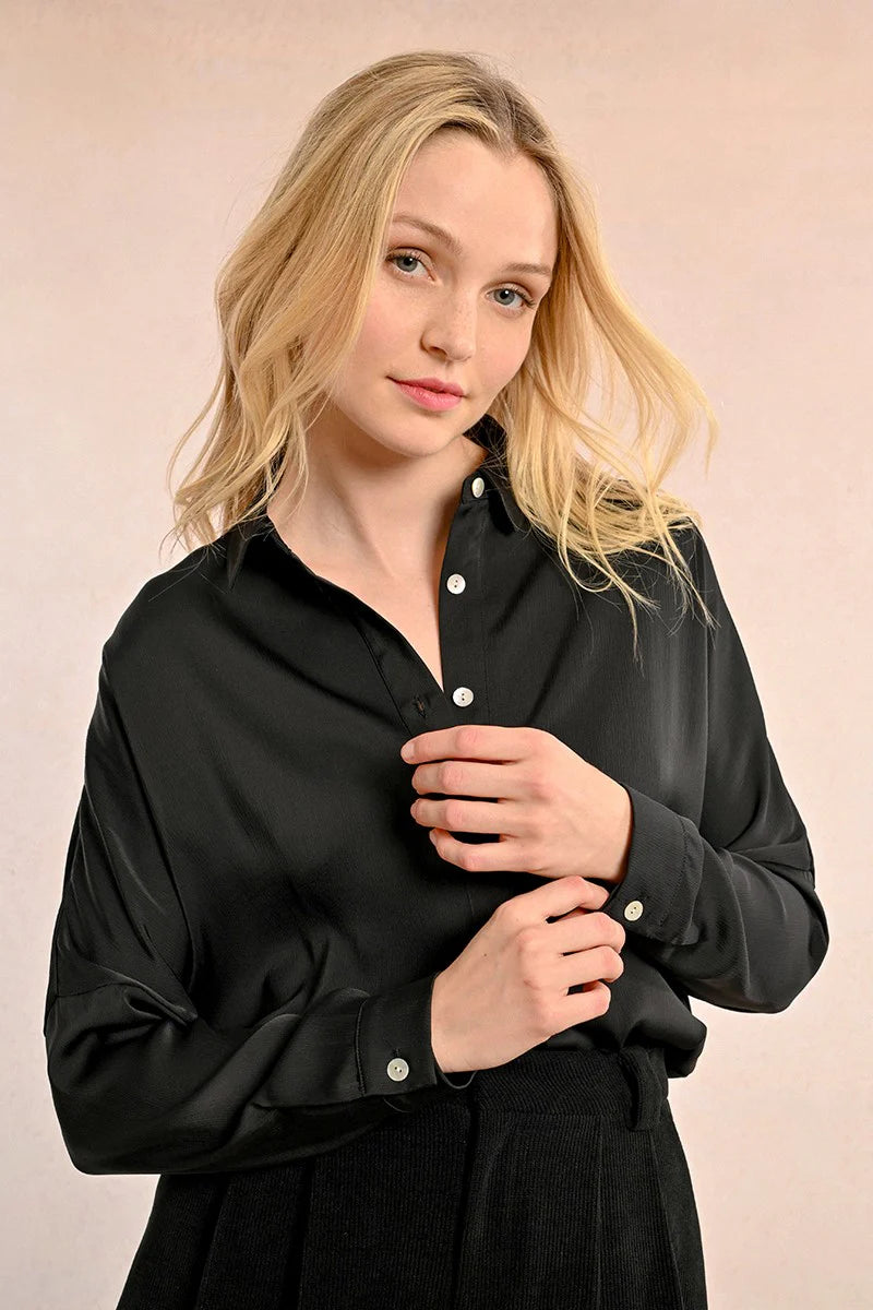 Oversized Drop Shoulder Button Up Shirt Black Pizzazz Beloit