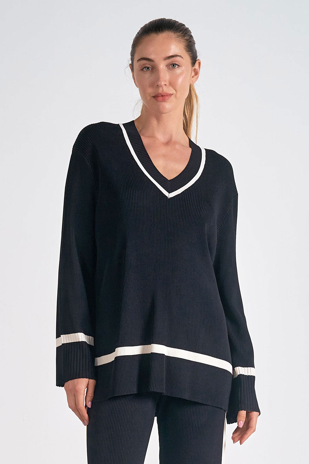 Oversized V-Neck Sweater Front View Pizzazz Beloit