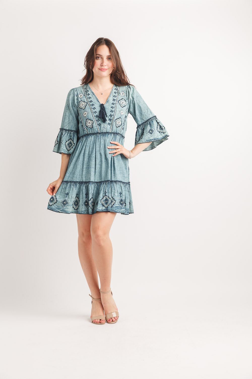 Embroidered & Beaded Bell Sleeve Midi Denim Dress for Women | Boho Chic Western Denim Dress