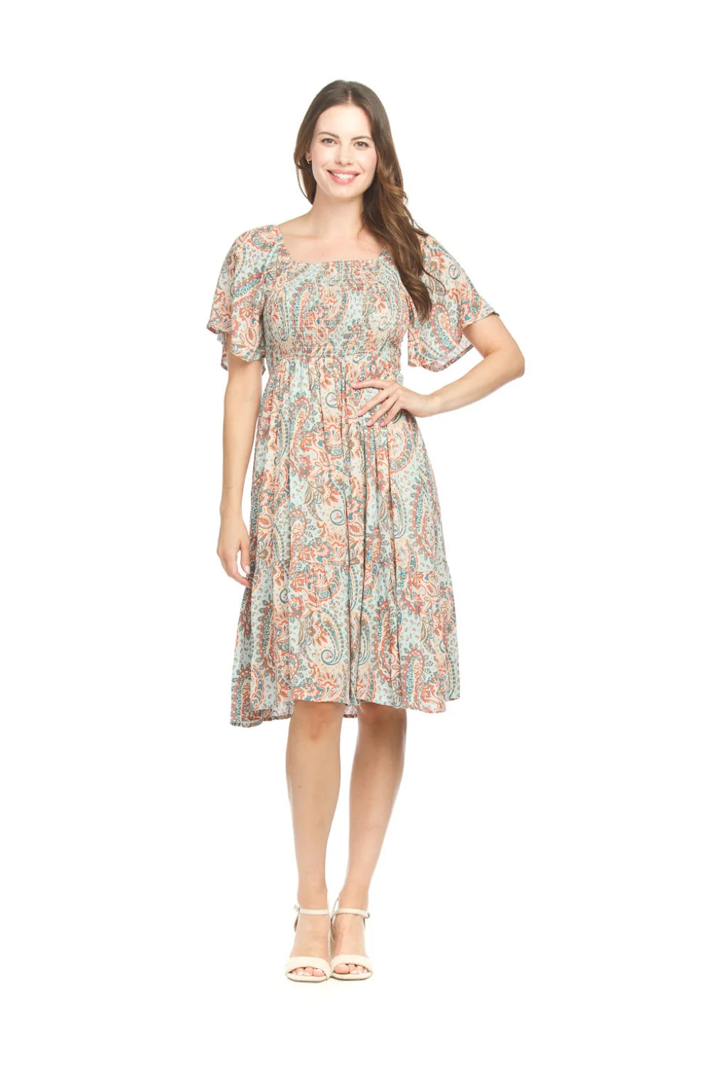 Blue Paisley Smocked Off the Shoulder Puff Sleeve Dress"