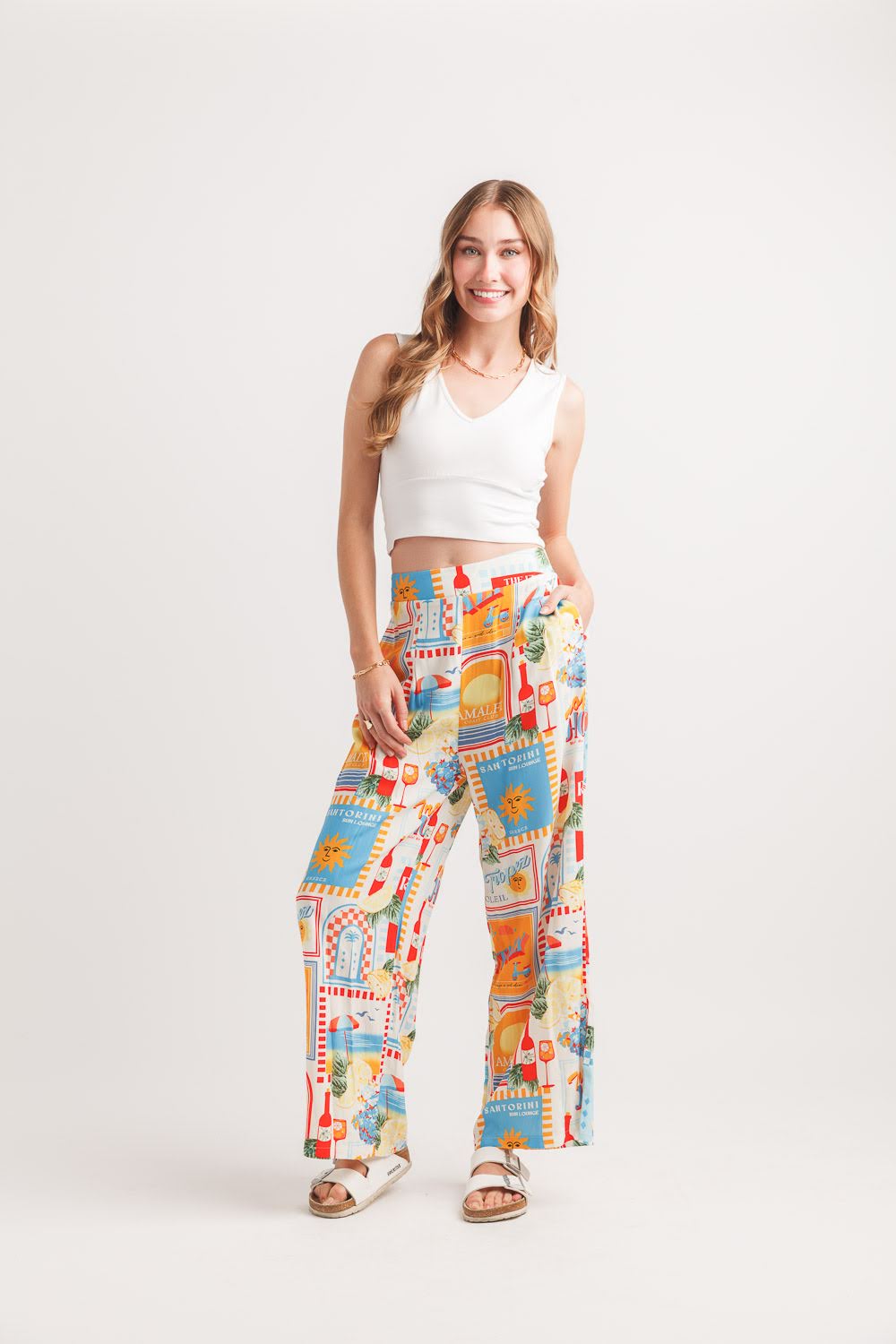 Postcard Print Wide Leg Pants for Women | Boho Vacation Palazzo Pants