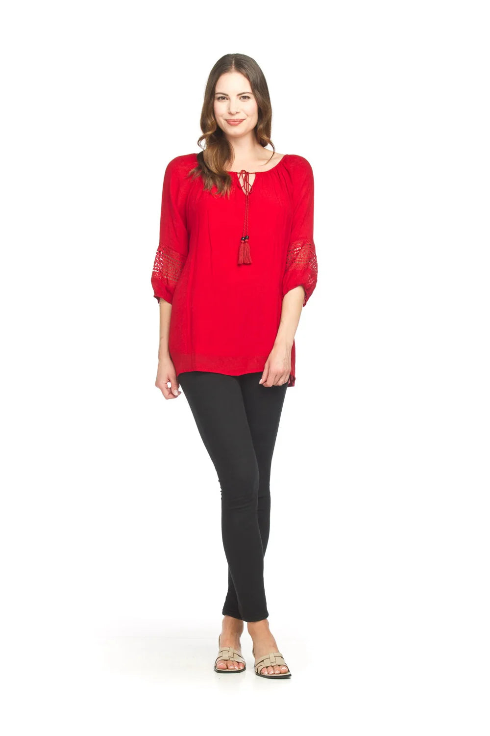 Tassel Tie Lace Inset Accent Blouse