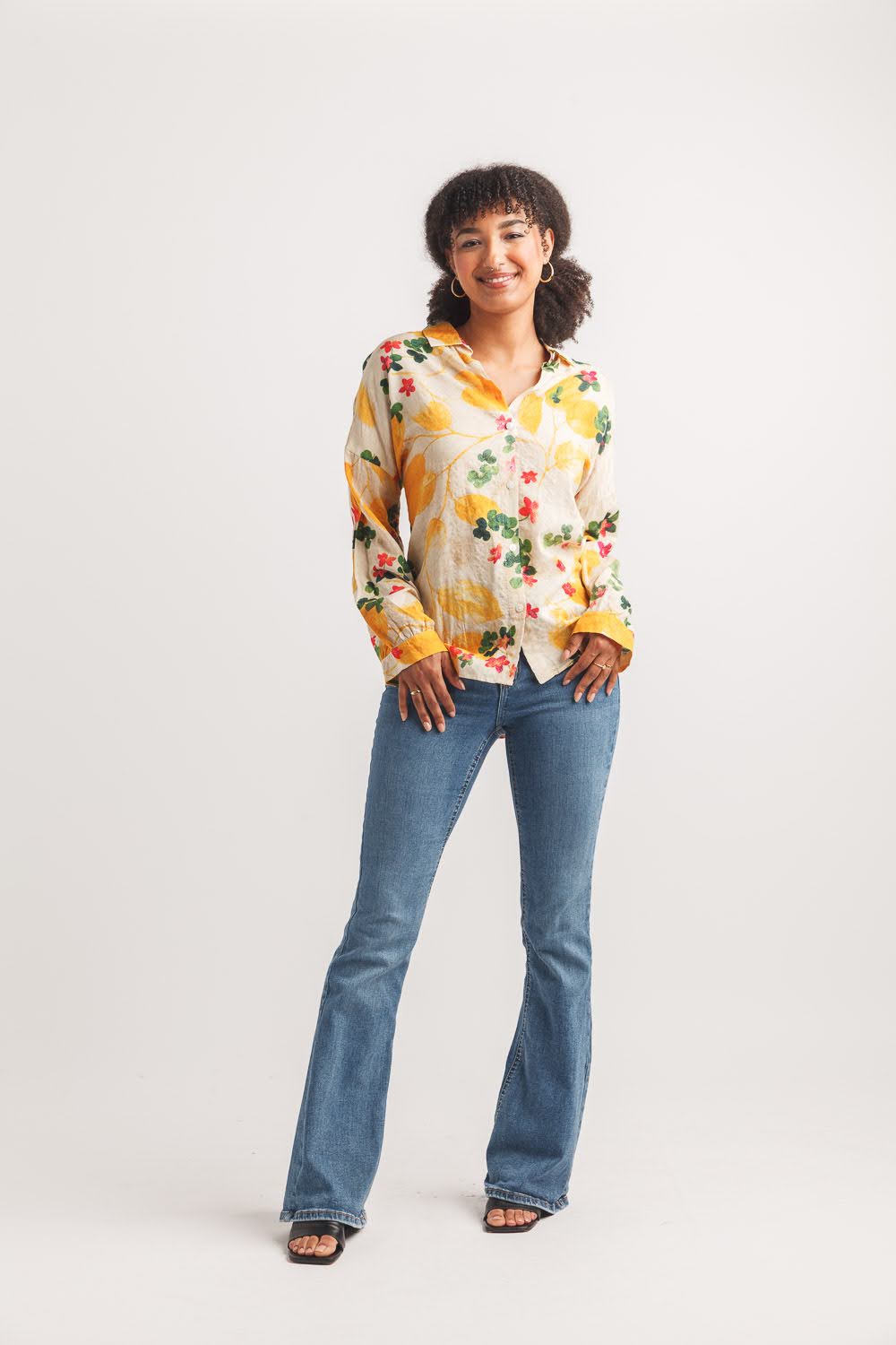 Yellow Colorful Print Long Sleeve Button Up Shirt | Lightweight Statement Blouse for Women