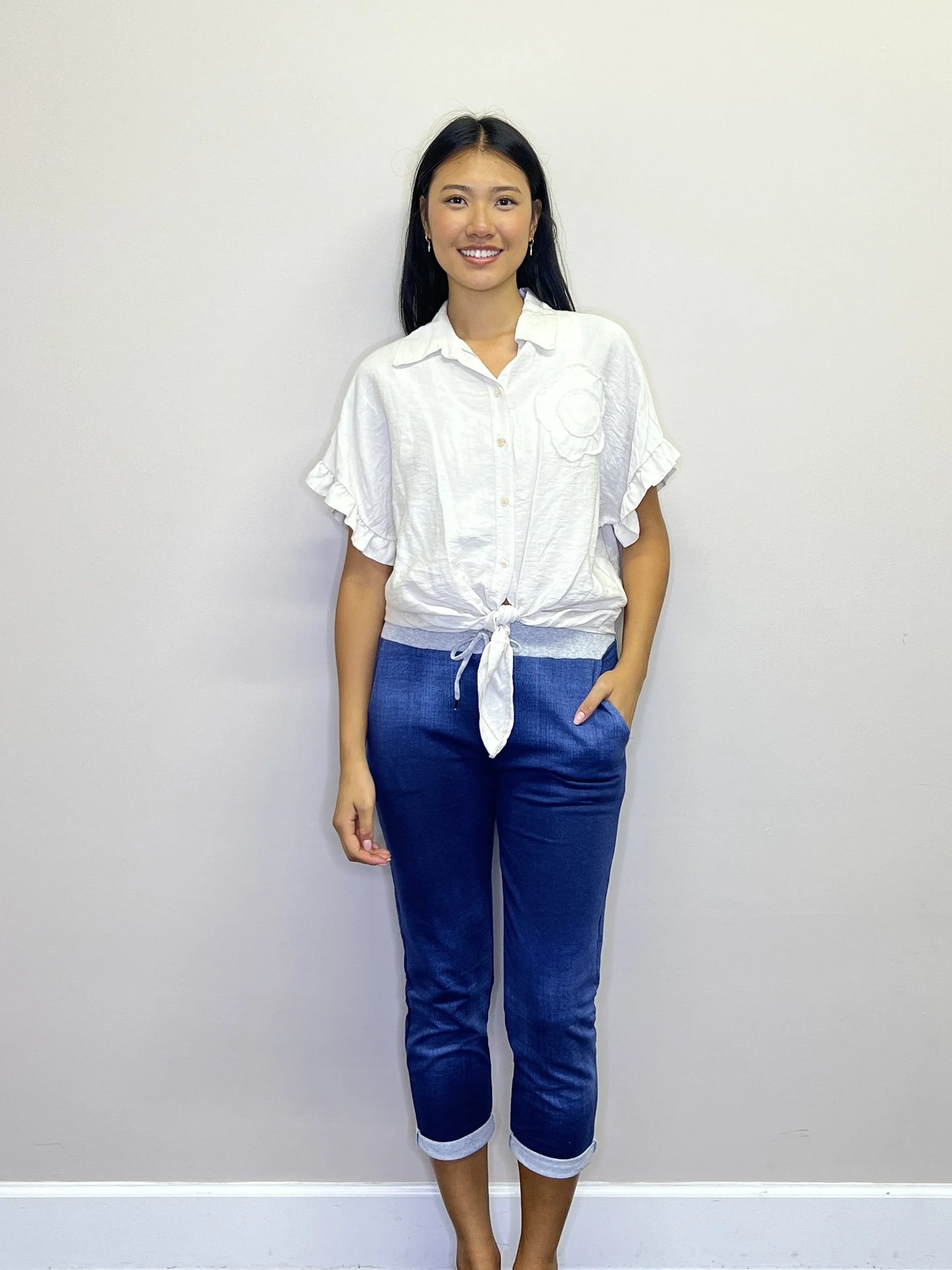 Linen Floral Accent Ruffle Sleeve Tie Waist Button Up Top