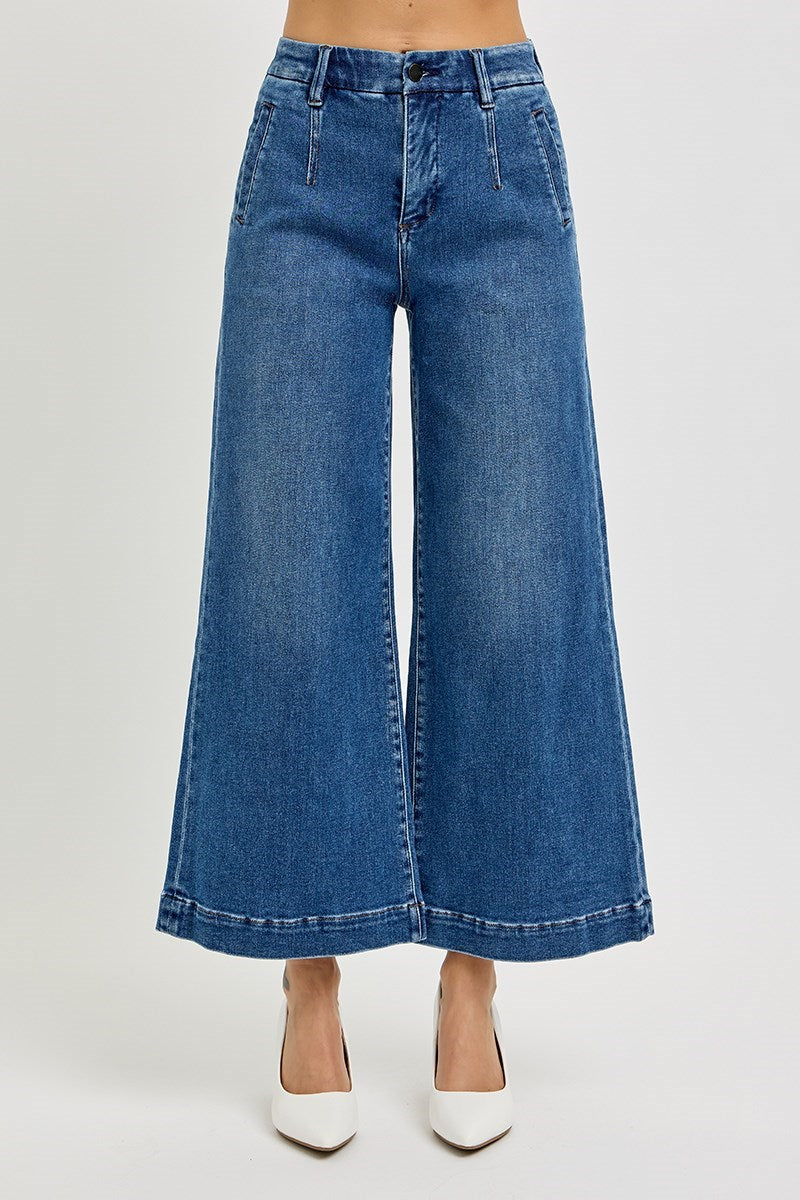 Risen Tummy Control Elastic Band High Rise Wide Leg Crop Jeans