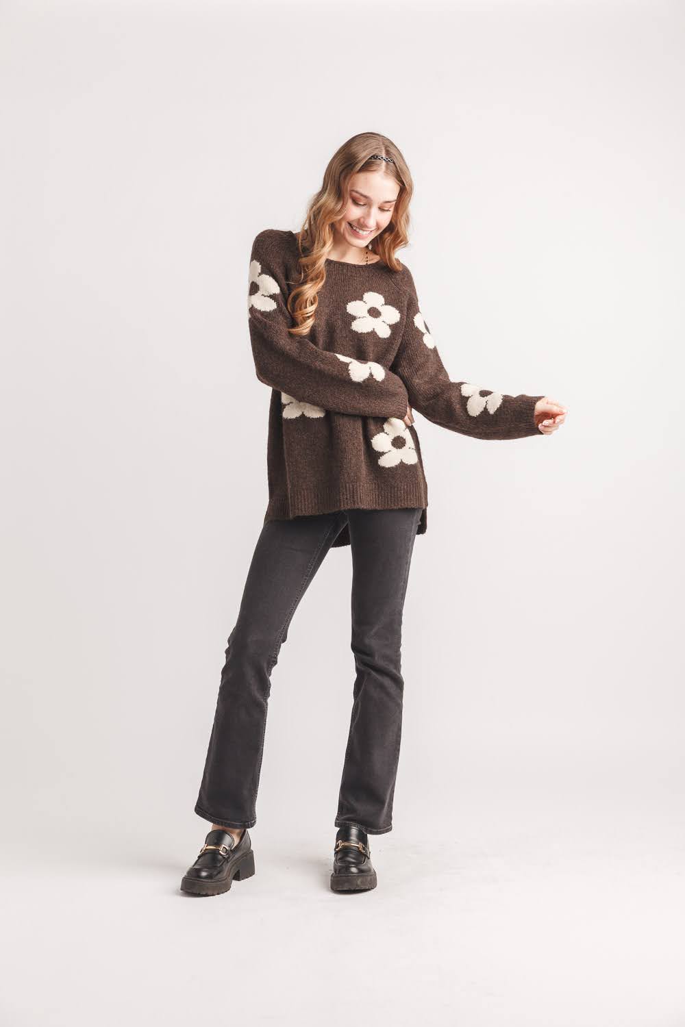 Chocolate Daisy Intarsia Step Hem Sweater