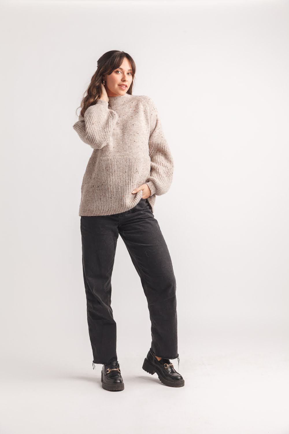 Women’s Mocha Speckled Mock Neck Sweater with Ribbed Detail