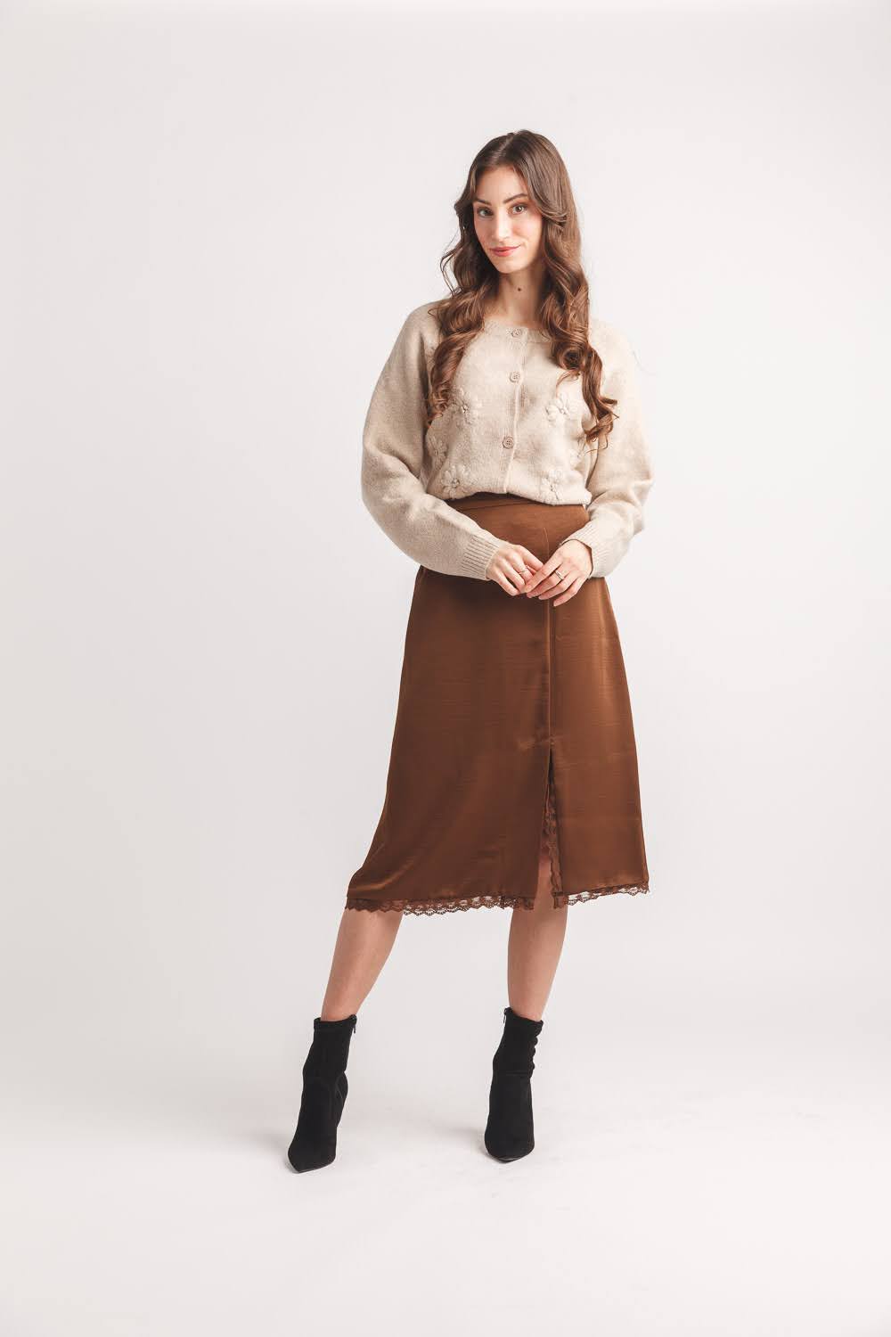 Women’s Taupe Cardigan with 3D Floral Knit Detail