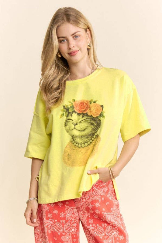 Blossom-Crowned Kitty Print Top