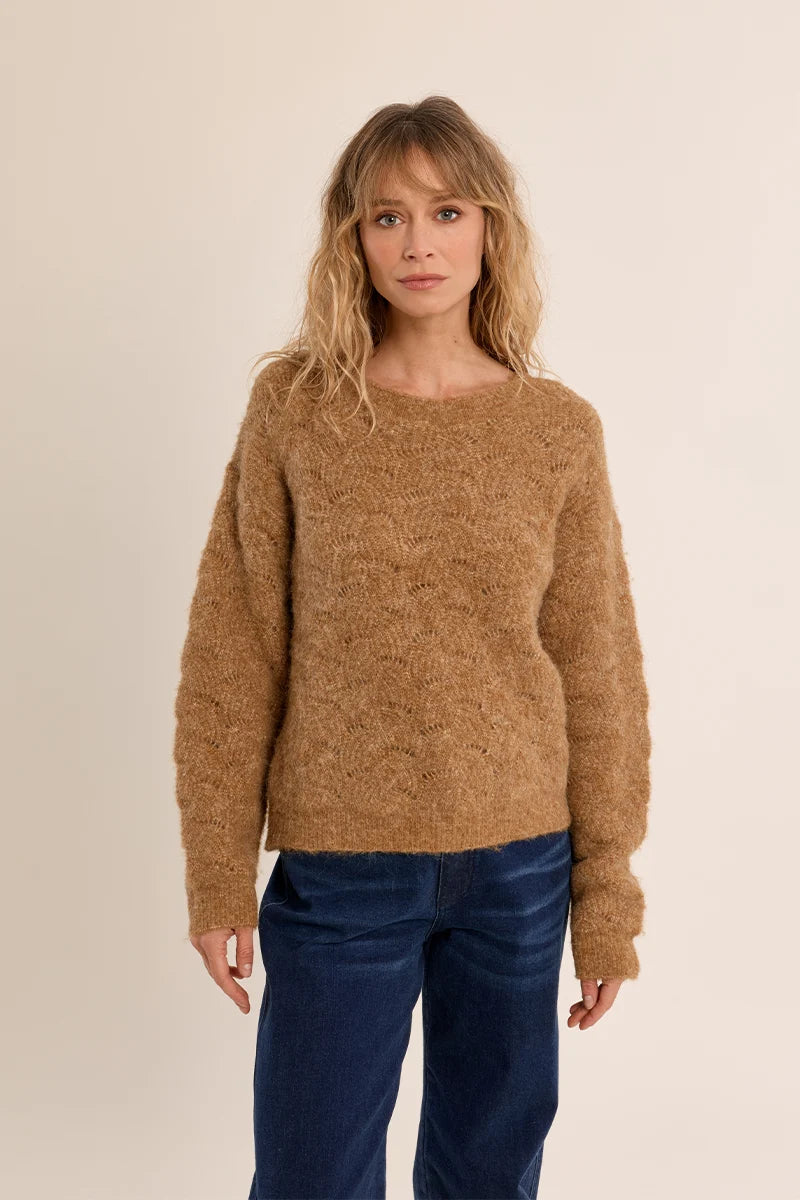Camel Textured Knit Crewneck Sweater