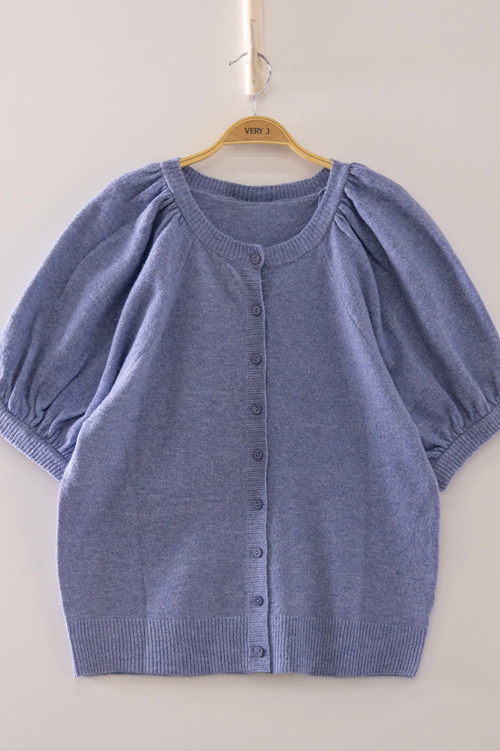 Puff Sleeve Button-Front Knit Cardigan