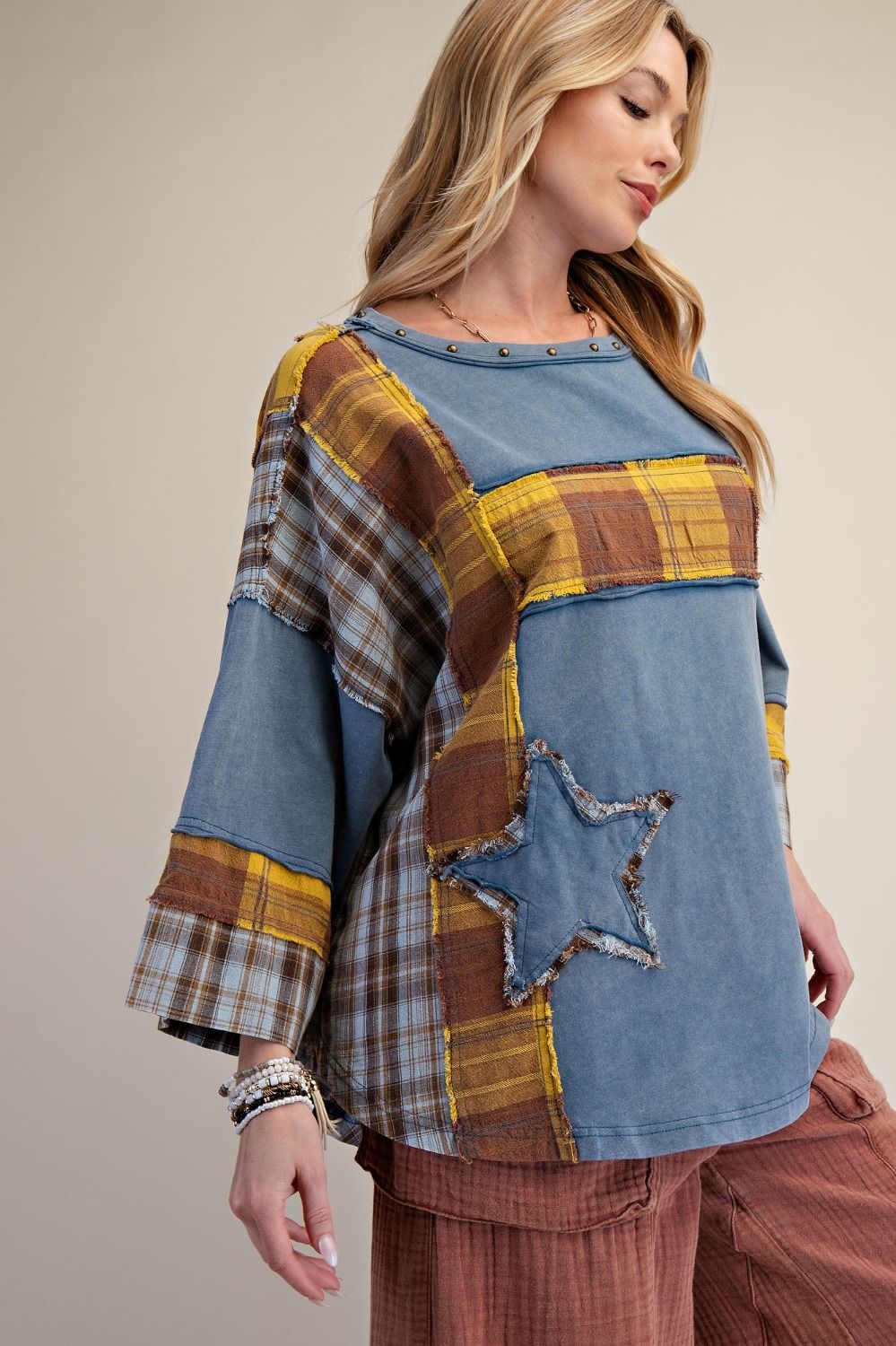 Women’s Mineral Washed Cotton Patchwork Top with Star Detail