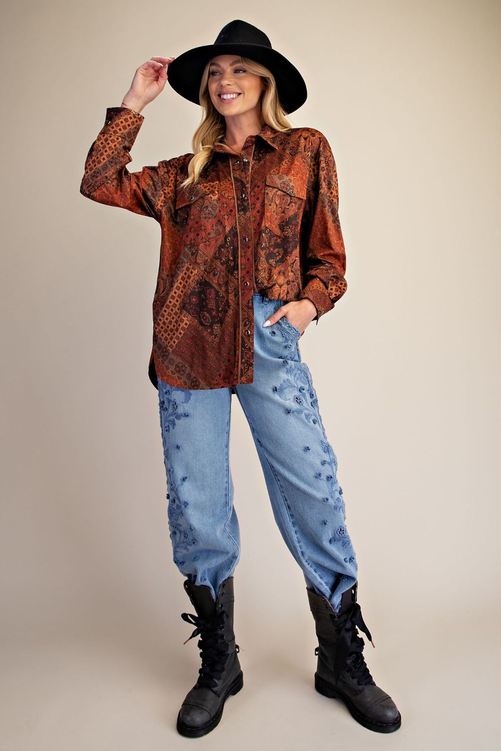 Women’s Patchwork Printed Suede Button-Down Shirt