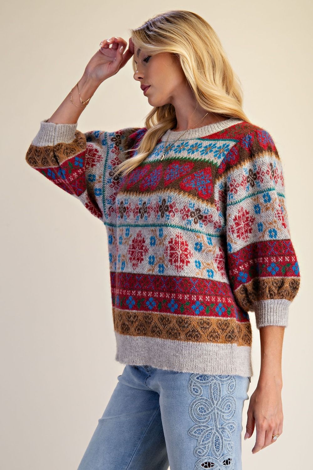 Women's Multicolor Fair Isle Heart & Floral Knit Sweater