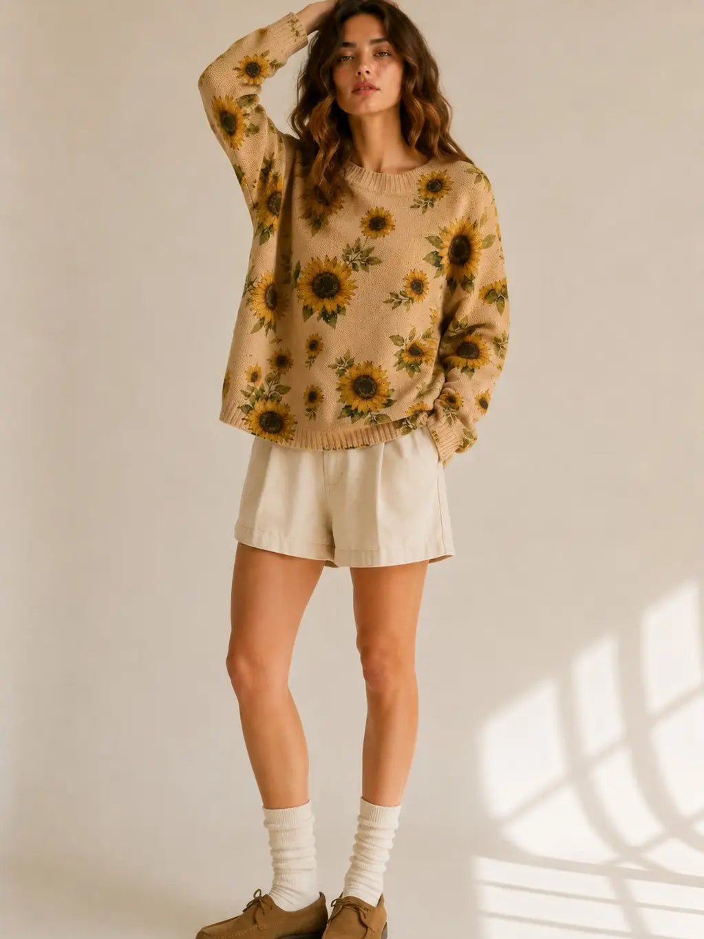 Women's Sunflower Print Knit Sweater ā Cozy Relaxed Fit Floral Pullover