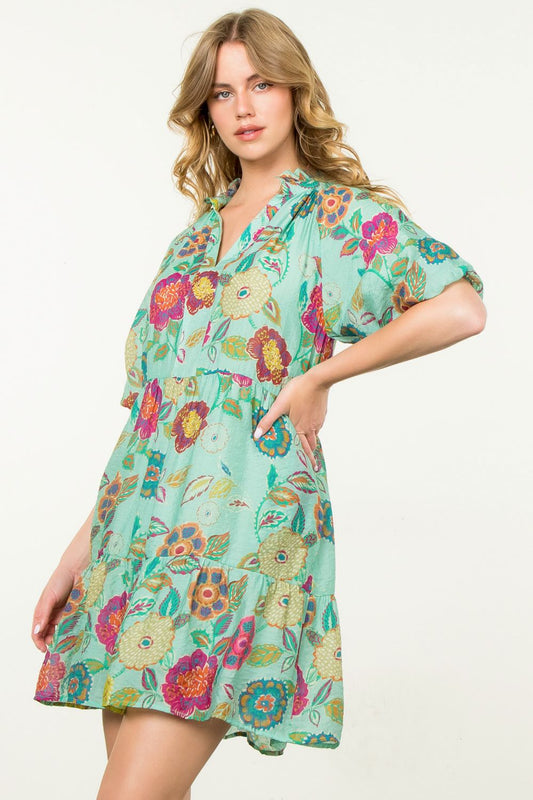 Aqua Puff Sleeve Floral Dress