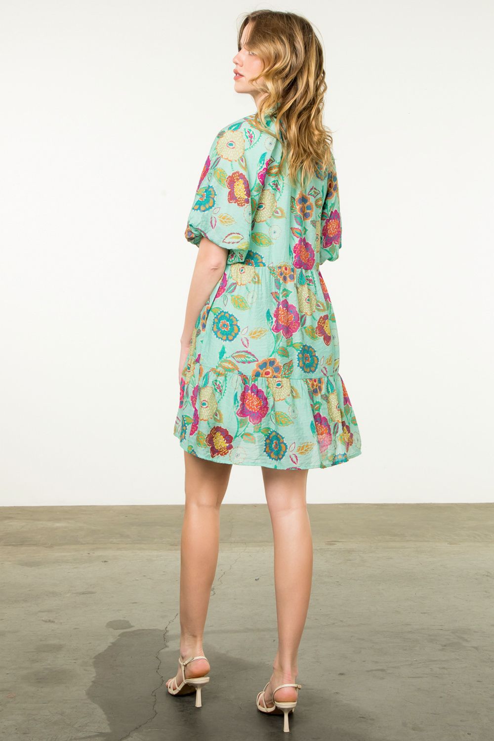 Aqua Puff Sleeve Floral Dress