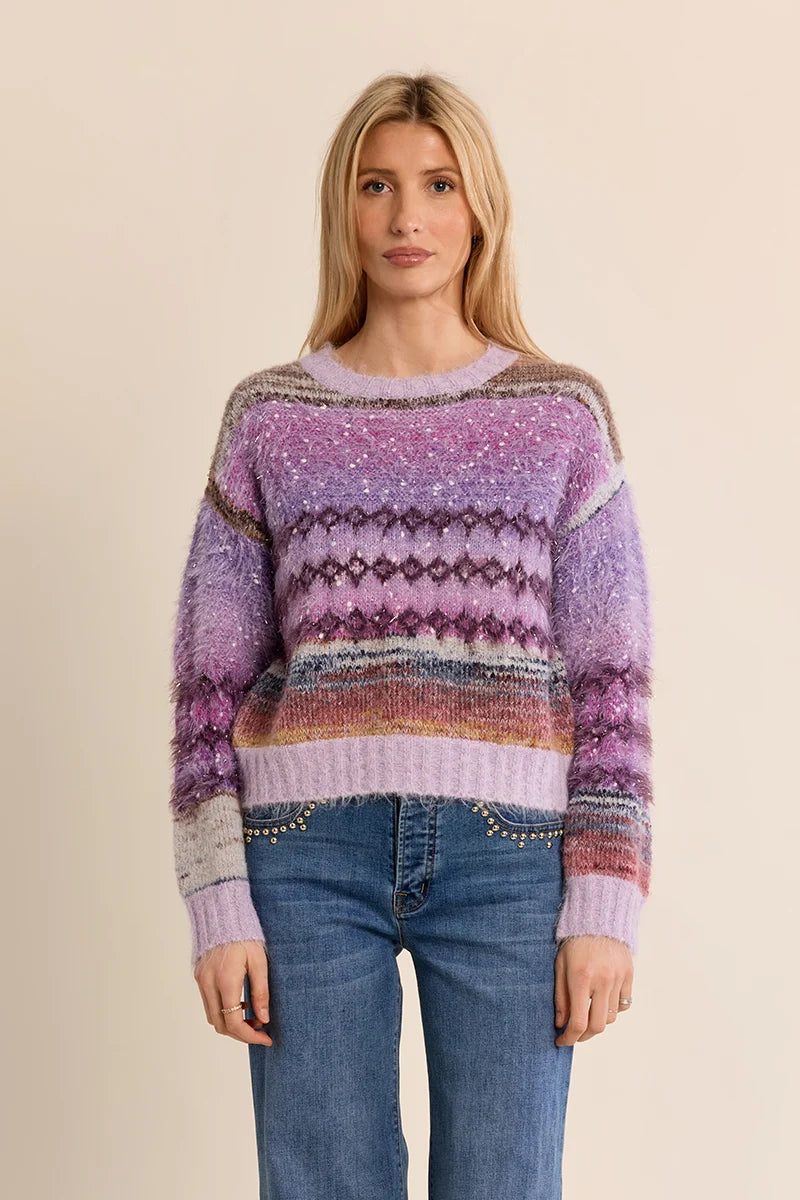 Lavender Sparkle Fair Isle Fuzzy Knit Sweater