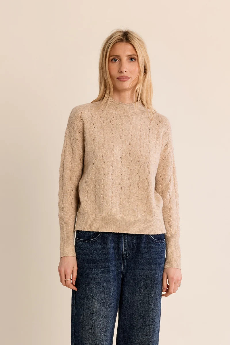 Beige Pointelle Knit Mock Neck Sweater