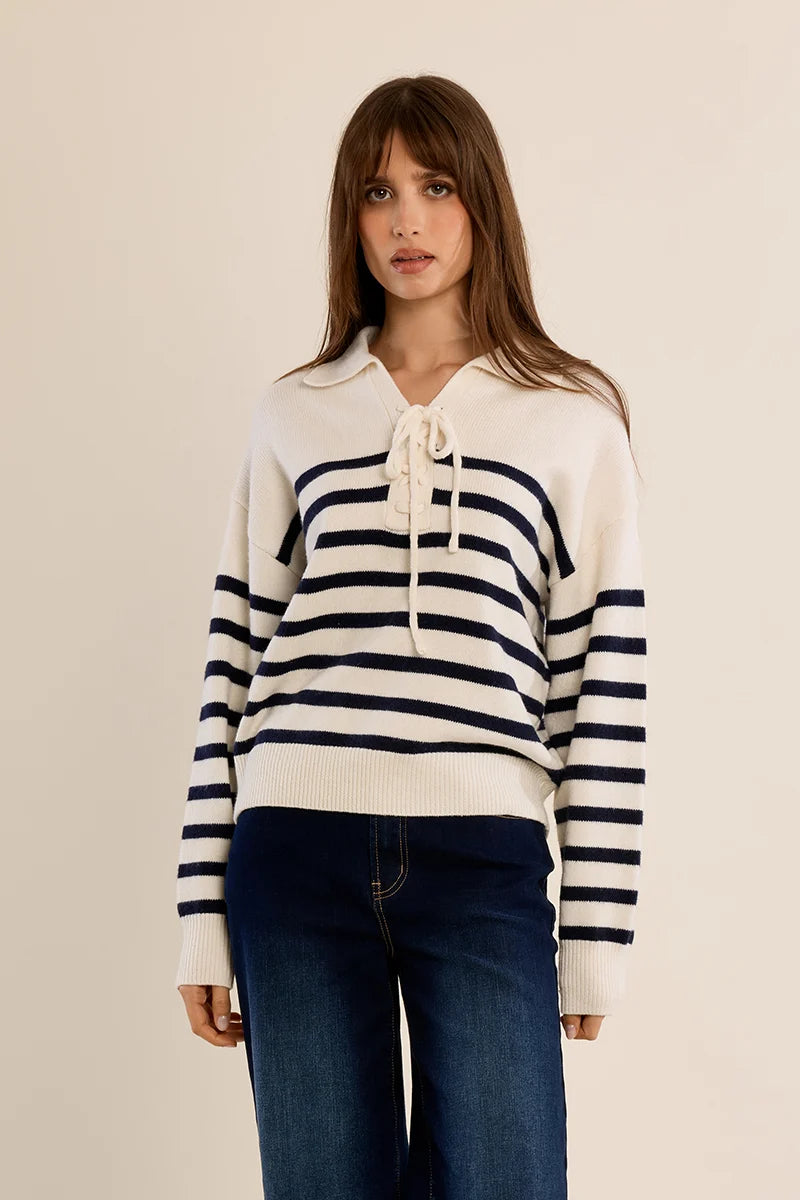 Ivory & Navy Striped Lace-Up Collar Sweater