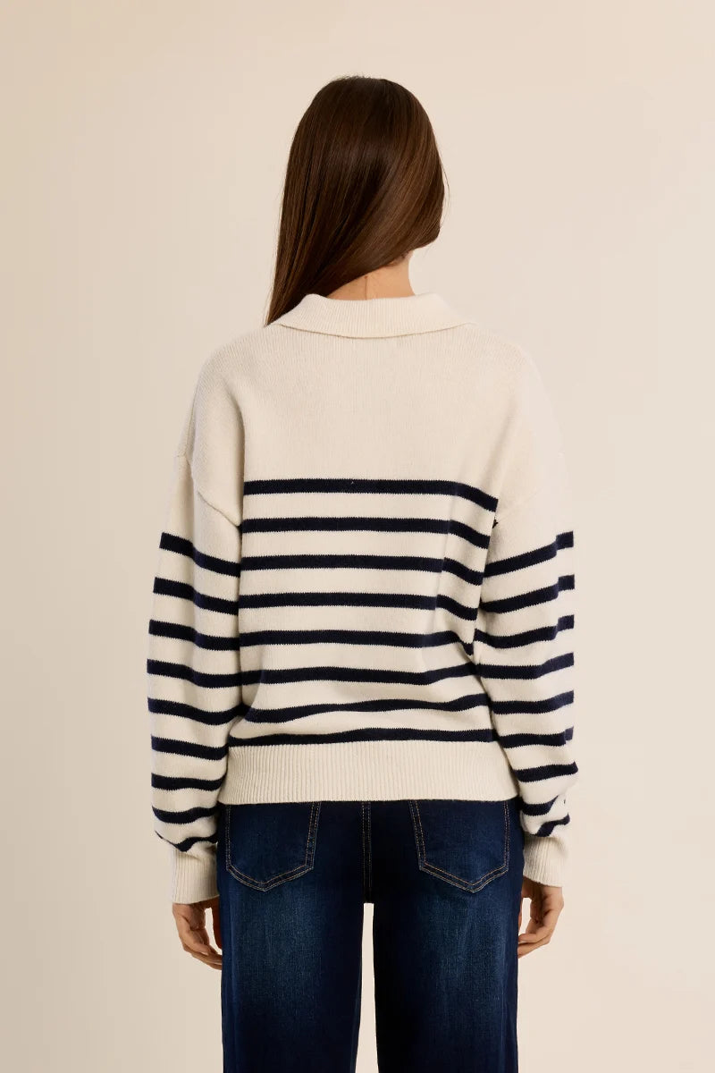 Ivory & Navy Striped Lace-Up Collar Sweater