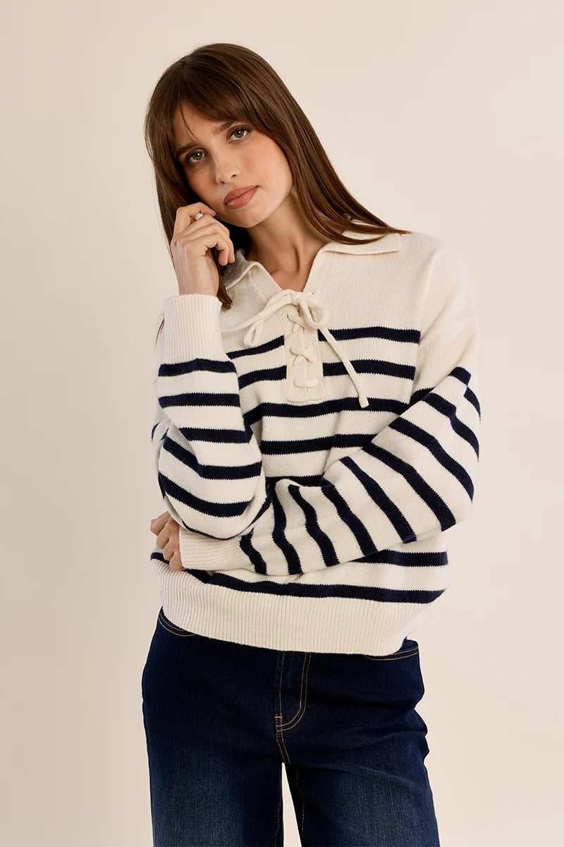 Ivory & Navy Striped Lace-Up Collar Sweater