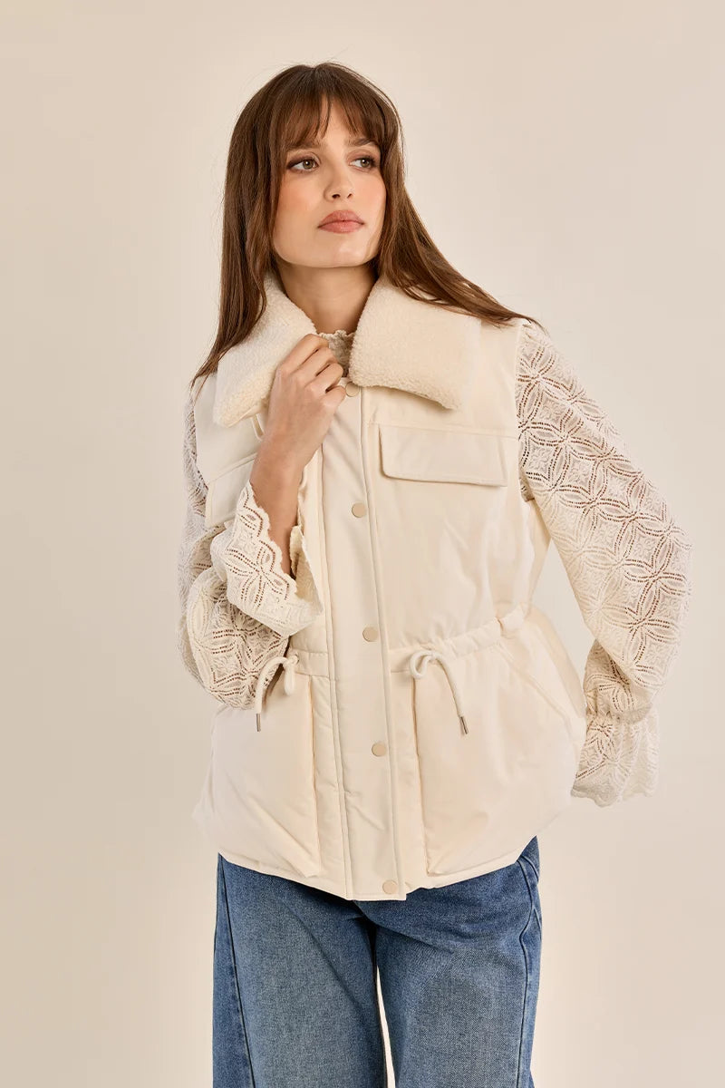 Women's Padded Vest with Plush Collar | Adjustable Button-Front Layering Vest