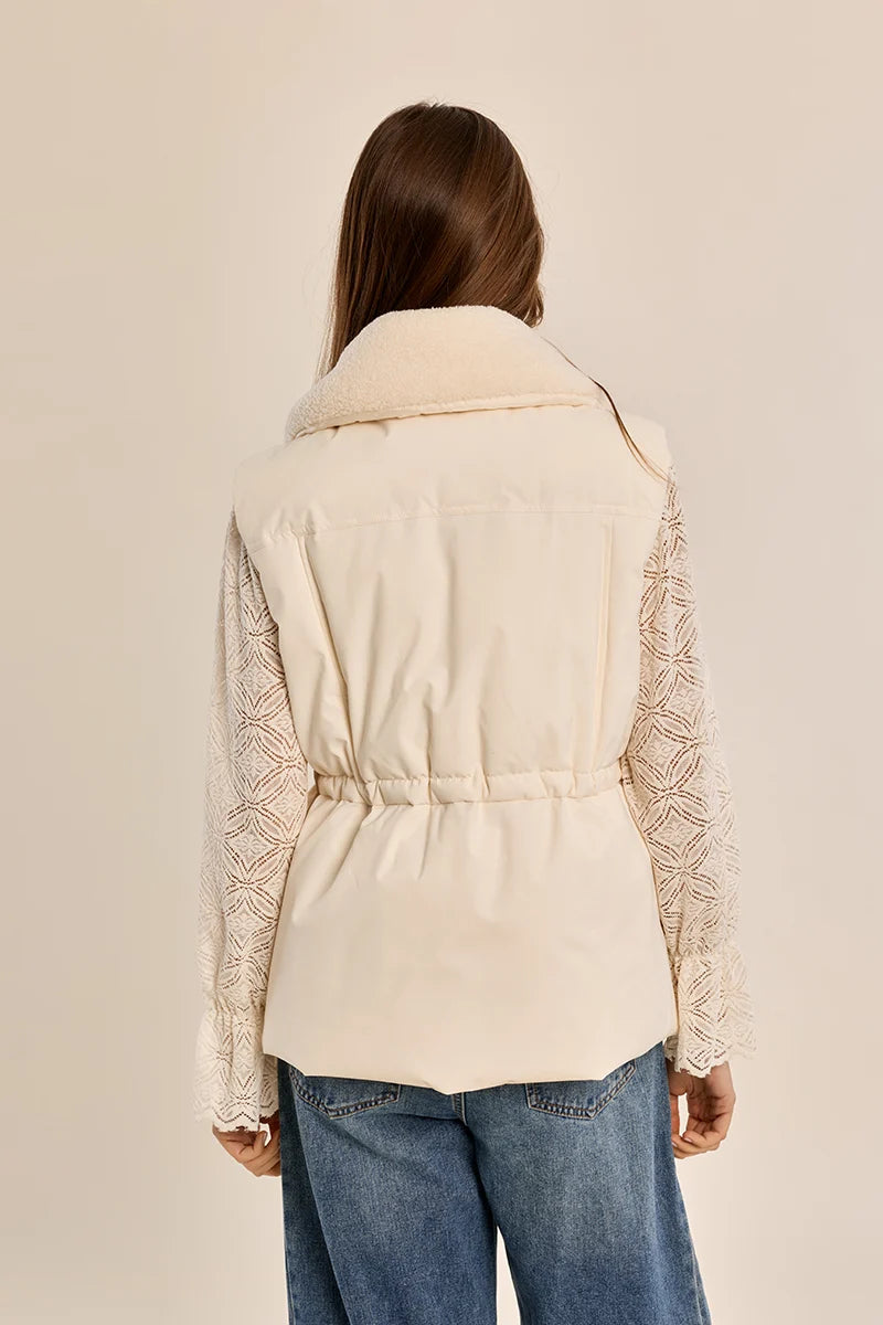 Women's Padded Vest with Plush Collar | Adjustable Button-Front Layering Vest