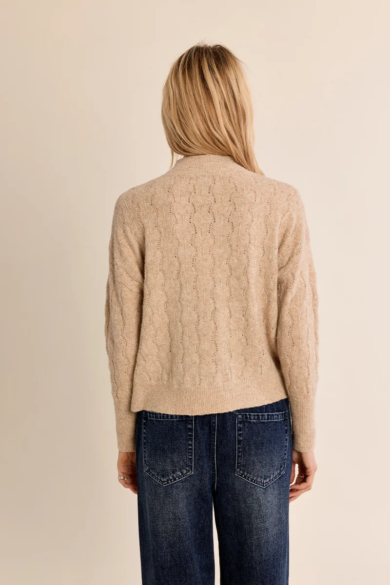Beige Pointelle Knit Mock Neck Sweater