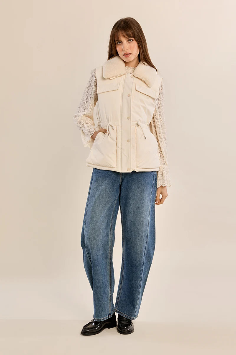 Women's Padded Vest with Plush Collar | Adjustable Button-Front Layering Vest