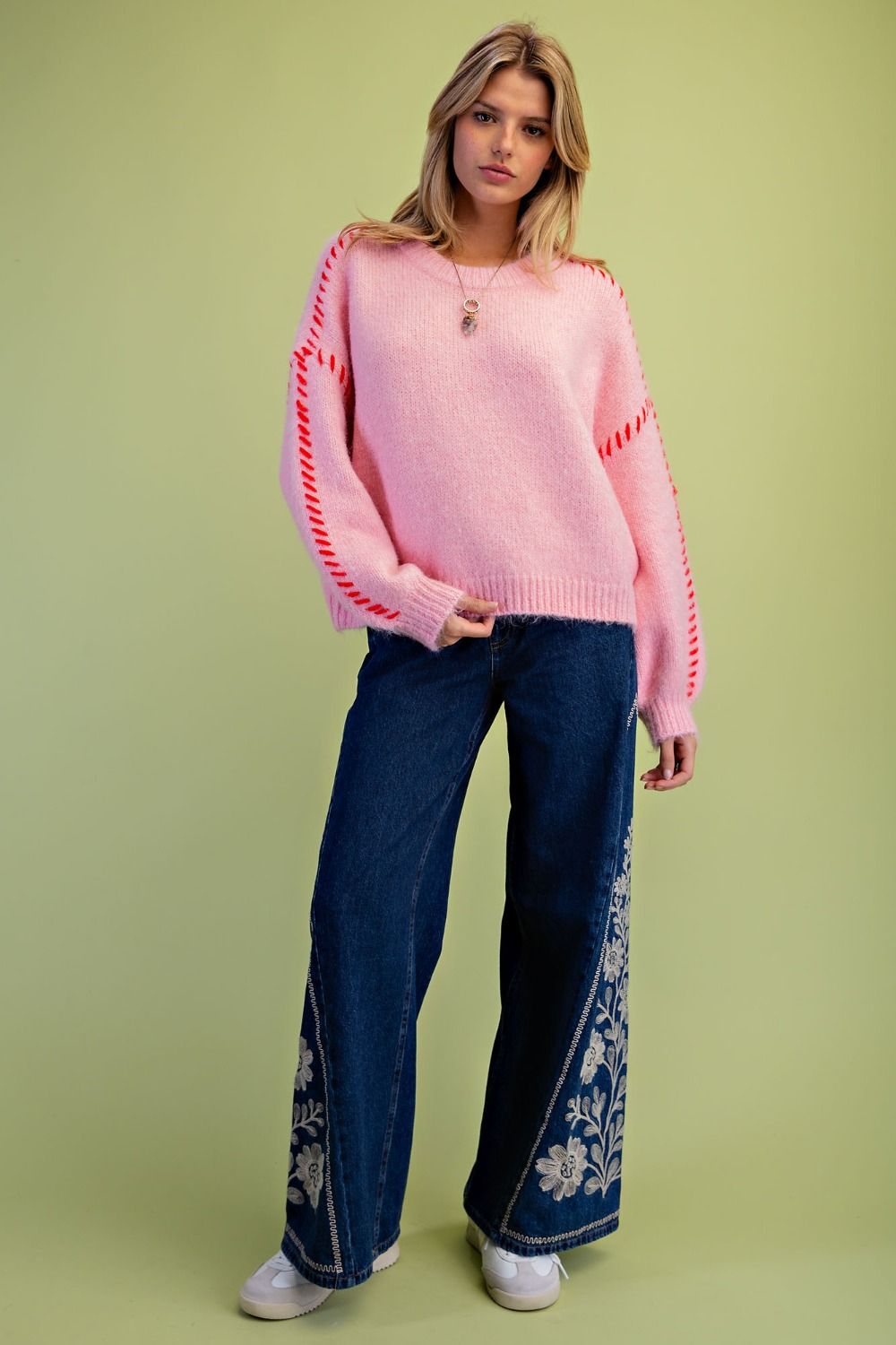 Cotton Candy Pink Fuzzy Knit Sweater with Contrast Whipstitch Detail
