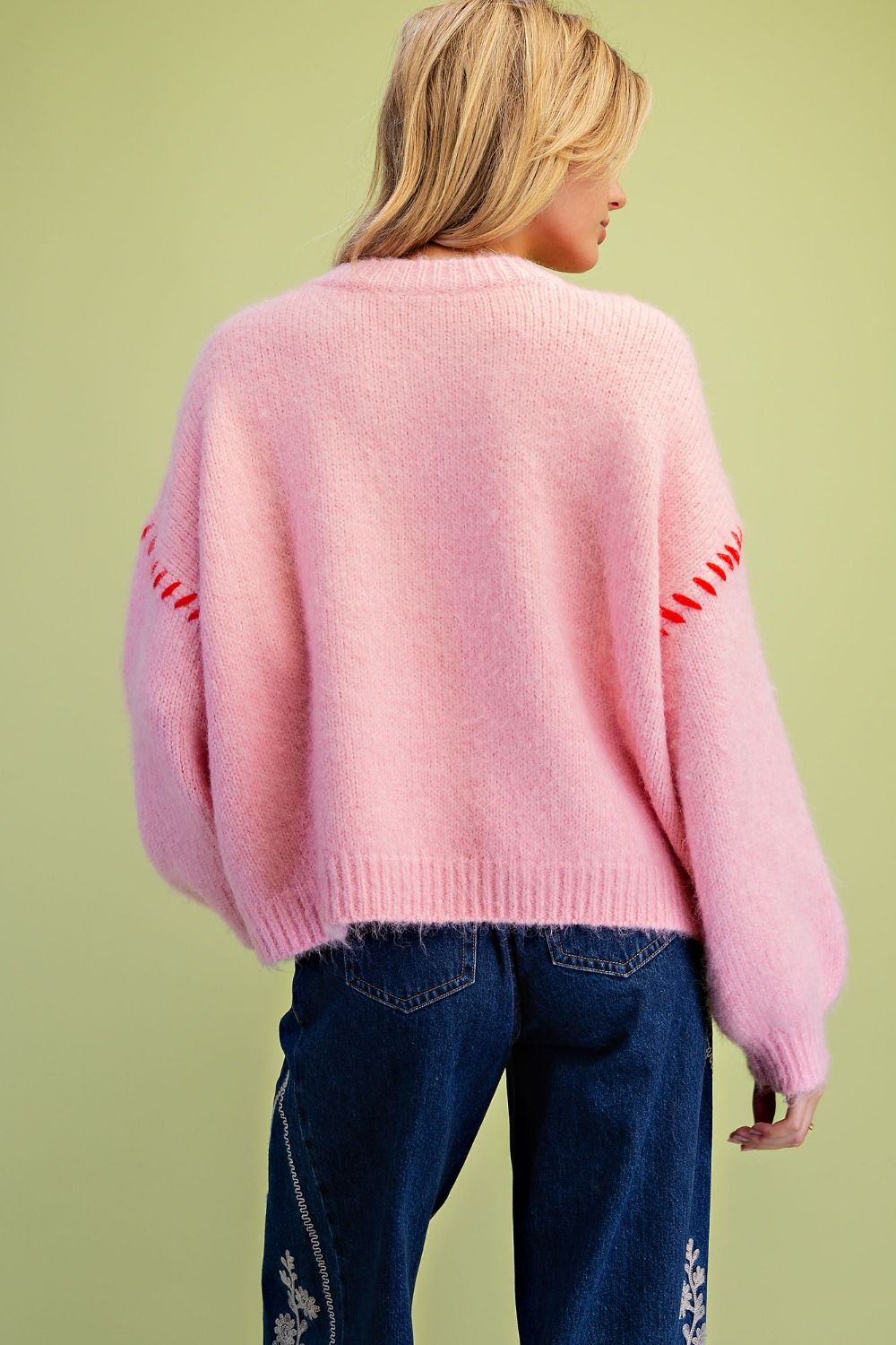 Cotton Candy Pink Fuzzy Knit Sweater with Contrast Whipstitch Detail
