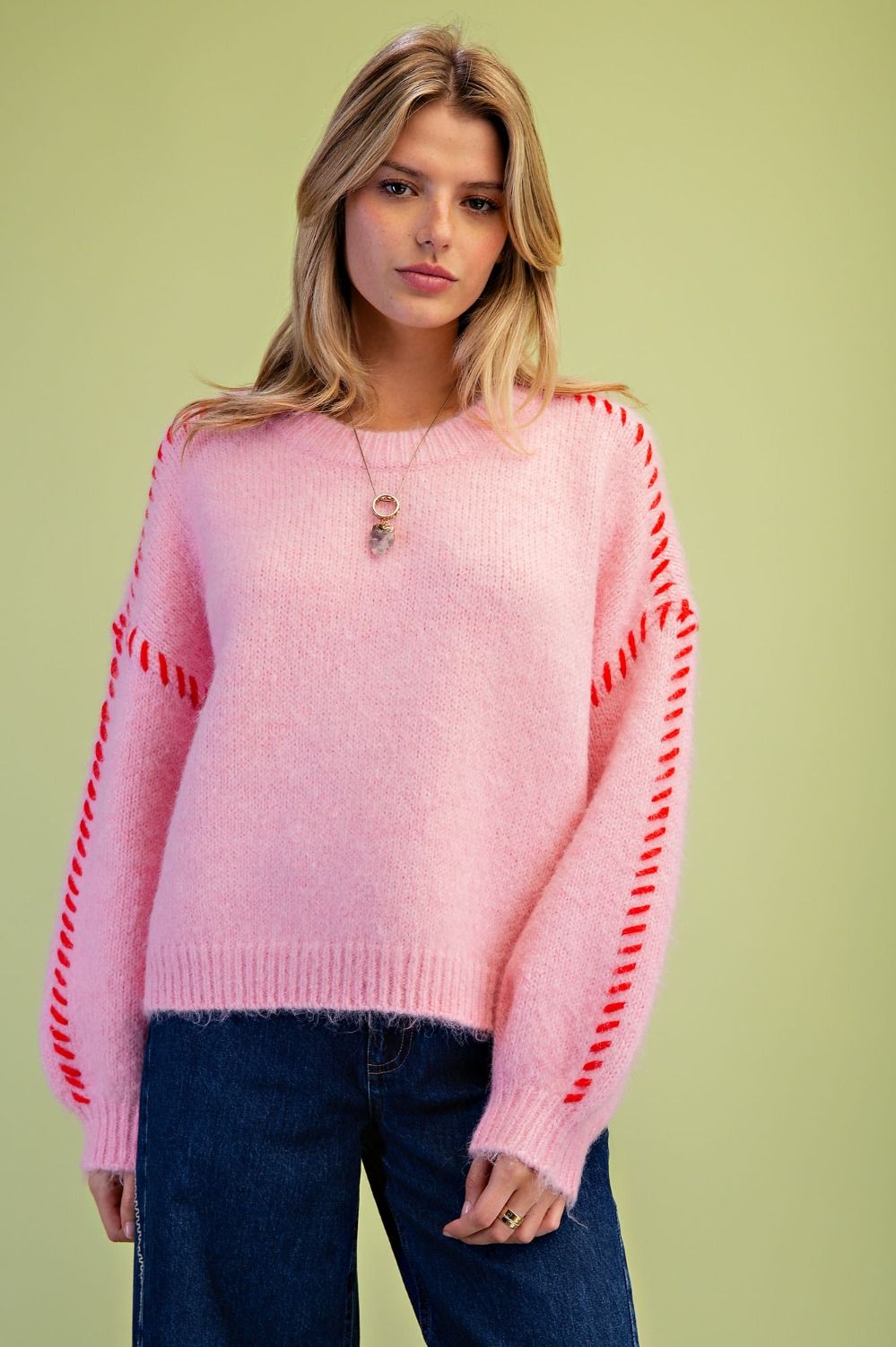 Cotton Candy Pink Fuzzy Knit Sweater with Contrast Whipstitch Detail